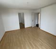 Empty room, wooden floor, white walls, ceiling, two doors leading to other rooms