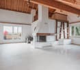 white floor, open fireplace, glass doors, ladder, open area