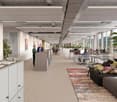 modern office space with large windows, carpeted floor, desks, chairs, plants, and a couch area