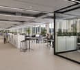 modern office space with glass walls, white cabinets, desks, chairs, plants, and people working