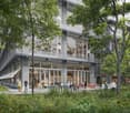 modern office building, glass facade, multiple floors, balconies, green spaces, trees, people walking, bicycles