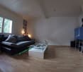 wooden floor, couch with pillows, coffee table, television, windows, radiator