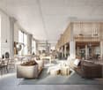 Large open-plan living area with concrete ceiling, wooden slat walls, and various seating areas including sofas, armchairs, and stools. The space features large windows, providing natural light. There are also some decorative elements such as lamps and pl