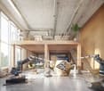 Large open-concept space with concrete ceiling and walls, wooden beams and platforms, various equipment and tools, and a raised mezzanine area