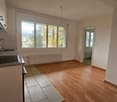 The image shows a spacious apartment with an open-plan layout. The kitchen area features granite countertops and modern appliances. The living room has large windows that provide a view of the surrounding trees and natural scenery. The apartment has hardw