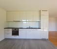 Modern kitchen, white cabinets, black countertops, dishwasher, electric oven