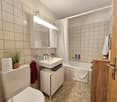 bathroom with toilet, sink, bathtub, and wooden cabinet