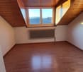 wooden floor, wooden ceiling, large window, white walls, radiator