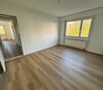 Open living area, wooden floors, white walls, large windows, radiator