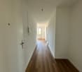 long hallway, white walls, hardwood floors, no visible rooms