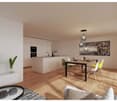 open-plan living and dining area, kitchen island, TV, table, chairs, pendant lights