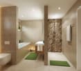 Bathtub, shower, toilet, vanity with sink, towel rack, floor to ceiling tiles