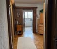 Long corridor with wooden floors, rug, wooden door, hallway leading to a door and window, wooden shelf with items