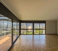 Empty room, large windows, wooden floors, balcony, view of landscape