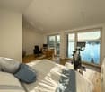modern design bedroom, large bed, desk, bike, sliding glass doors with water view