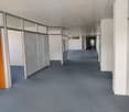 The image shows a long, empty hallway with gray carpeted floors and white walls. The hallway has glass partitions on one side, allowing natural light to enter. There are several doors leading to different rooms or offices along the hallway. The ceiling is