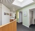 The image shows an office space with a reception area. The space has a high ceiling with a skylight, wooden reception desk, shelves with various items, and framed artwork on the walls. The walls are painted in a light green color, and the floor is covered