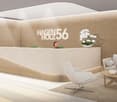 white furniture, white counter, wood panels, glass windows, floral arrangement, digital signage