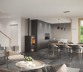 Open-plan living/dining area with fireplace, modern decor, wooden floor, large windows