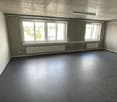 A room with white walls and grey concrete floor. It has two large windows on the wall, two white radiators and one ceiling lamp.
