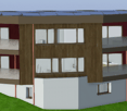 3 story apartment building, solar panels, balconies, brick and wood facade