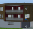 three-story building, red wall panels, wooden accents, solar panels, balconies, glass windows