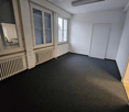 Empty room with carpeted floor, white walls, two windows with radiators, a door.