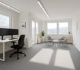 Modern office room with a desk, black office chair, monitors, two white chairs, small white table, plants, white walls, ceiling lights, and windows