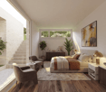 Modern styled bedroom with large windows, hardwood flooring, bed, nightstands, lamps, carpet, furniture, plants, stairs