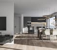 an open plan living and dining area with a flatscreen tv, a large window, a chandelier, a dining table, and a black marble entertainment unit with decor