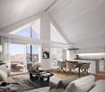 open plan living room and kitchen, large windows, balcony, dining table, modern furniture, wooden floor