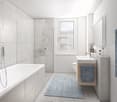 modern bathroom with bathtub, shower, toilet, sink, mirror, and towel rack