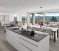 modern kitchen with dining area, large windows, balcony, modern furniture, plants
