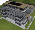 3 story building, multiple balconies, solar panels on the roof
