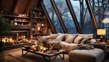 wooden flooring, cozy atmosphere, large couch, fireplace, large window, coffee table, bookshelves, lamp, rug