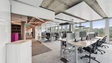 Modern office layout, desks, chairs, white walls, ceiling panels, windows, carpeted floor, exterior view, bookshelves, pink storage bin.
