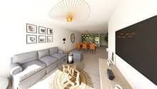 Gray couch, round glass table, TV, lamps, painting frames, floor lamp