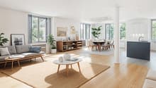 open plan living room and dining area, wooden floor, large windows, modern furniture, plants, kitchen island