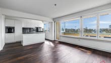 modern kitchen with white cabinets, wooden floor, large windows, island countertop, modern appliances