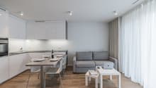 modern kitchen with dining area and living room with sofa and dining table