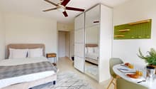 Bedroom with a bed, pillows, nightstand, ceiling fan, a closet with a mirror, a dining table with chairs, a pot plant, breakfast items
