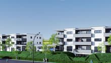 multi-story residential building with white facade, multiple balconies, underground parking