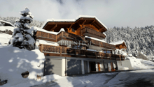 Modern mountain chalet, snow covered, wooden balconies, two garages