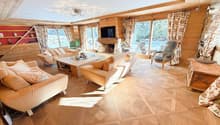 wooden floor, wood paneled walls, fireplace, sofa, armchair, coffee table, TV, glass window