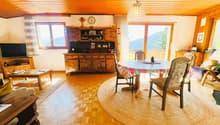 wooden floor, wooden ceiling, dining table, chairs, round rug, wooden cabinet, TV, clock, windows, mountains view