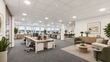 Open-Space-Büro mit Loungebereich virtuell möbliert