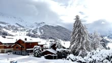 Snowy mountain landscape with several wooden chalets, trees covered in snow, and a wide snowy mountain in the background