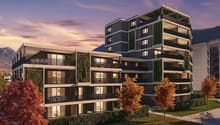 Multistory building, vertical garden, balconies on each floor, landscaped area