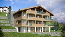 3 story house, wooden exterior, multiple balconies, stone wall foundation, garden, mountain view