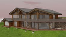 2 story house, modern design, wooden exterior, large windows, wooden deck with glass railing, stone walls